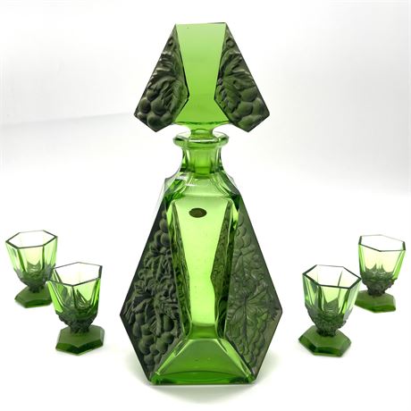 Karl Palda Art Deco Czech Decanter & Shot Glasses - Green w/ Grape & Leaf Motif