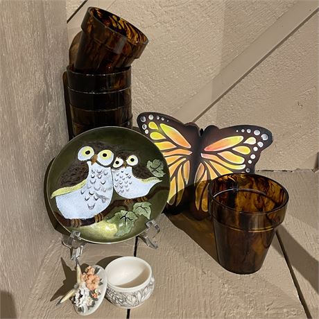 Painted Owl Display Plate, Butterfly Wall Hanging, Planters and Trinket Dish