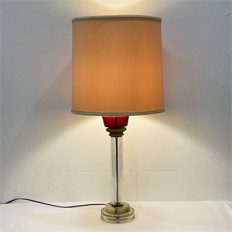 Grooved Glass Cylinder Lamp with Cranberry Globe and Onyx Base