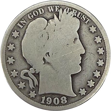 1908 Barber 90% Silver Half Dollar Coin
