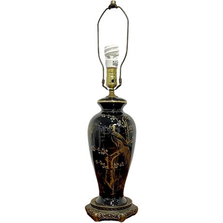Vtg Hand-Painted Chinoiserie Black Porcelain Ginger Jar Table Lamp