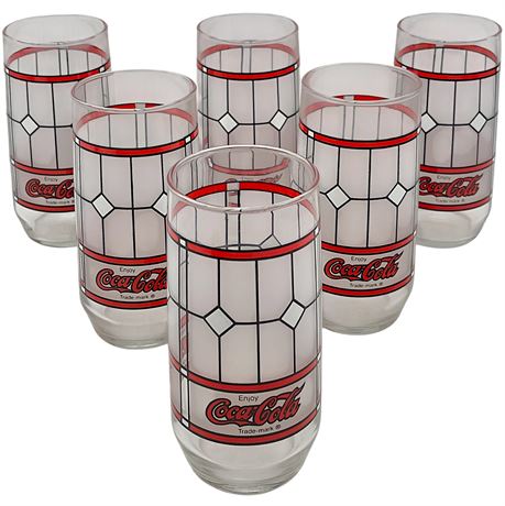 (6) Vtg Coca-Cola Stained Glass Libbey Drinking Glasses