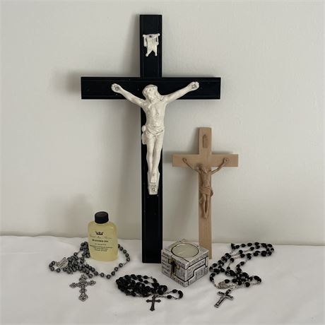 (2) Crucifix, Rosaries, Blessed Oil & Candle