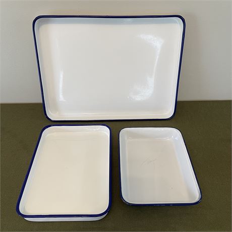 Vtg Enamelware Blue Trim Baking Sheets