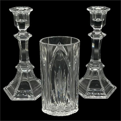 Waterford Crystal Castleton Vase and Pair of Lead Crystal Taper Candle Holders