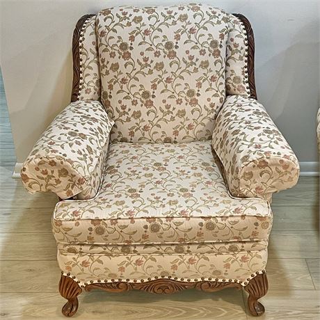 Carved Wood Framed Chair with Muted Floral Design Upholstery w/ Nailhead Trim