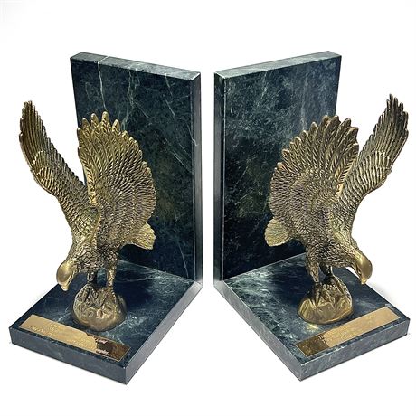 Pair of Brass on Marble Base Eagle Bookends w/ Biblical Inspirational Quote
