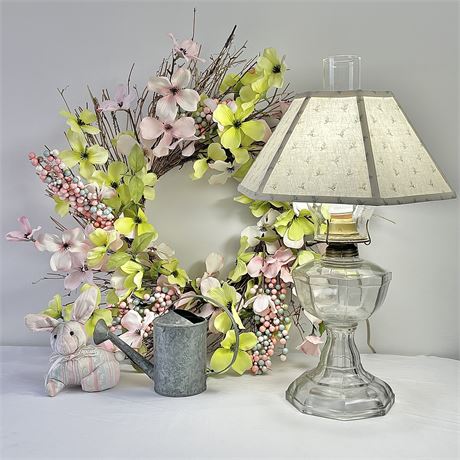 24" Spring Artificial Floral/Twig Wreath with Electrified Oil Lamp and Decor
