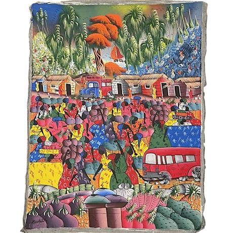 Signed Haitian Folk Art Style Painting Tapestry on Fabric