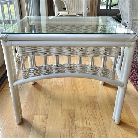 White Wicker Glass Top Patio Side Table (Made in the Philippines)