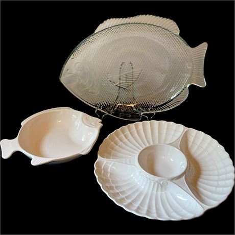 Pfaltzgraff Fish Serving Bowl w/ Glass Fish Platter & Shell Divided Dip Server