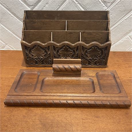 Vtg Dante Mahogany Mens Valet Tray & Lerner Carved Faux Wood Desk-Top Organizer