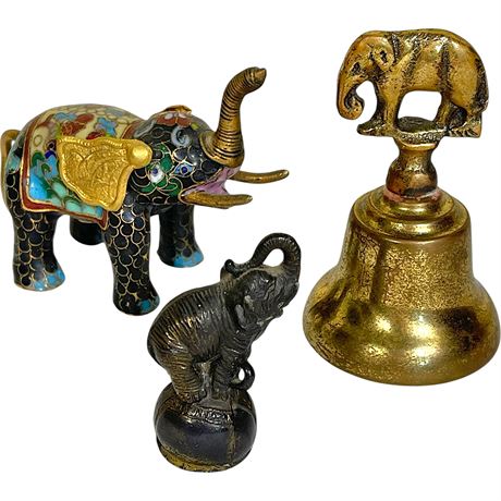 Miniature Cloisonne Elephant Figurine w/ Brass Elephant Bell & Figurine