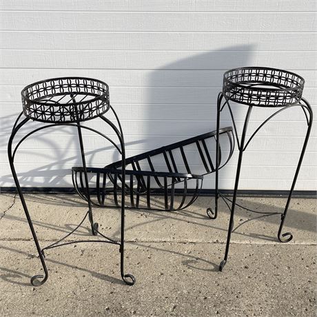 Pair of Outdoor Wrought Iron Plant Stands w/ Wall Planters