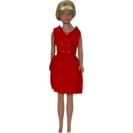 1963 Mattel Little Sister Skipper Blonde Doll w/ Red Sensation Dress & Swimsuit