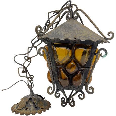 Vtg Amber Glass Paneled Wrought Iron Lantern