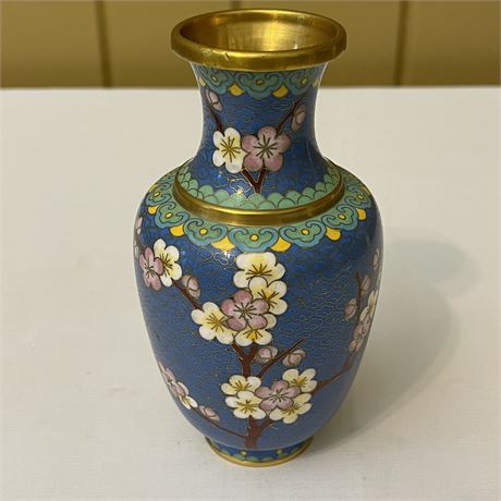 Vtg Cloisonne Enamel & Brass Cherry Blossom Vase