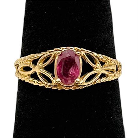 14K Yellow Gold Pink Ruby Filigree Band Ring Size 7