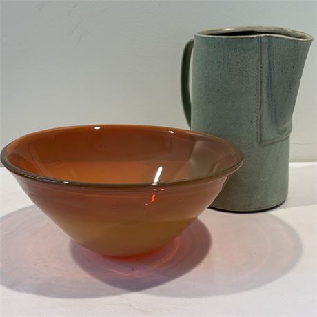 Rustic Glazed Stoneware Pitcher w/ Colored Glass Bowl