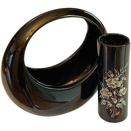 MCM Ikebana Modernest Toyo Japanese Black Ceramic Moon Vase and Vtg McCoy Vase