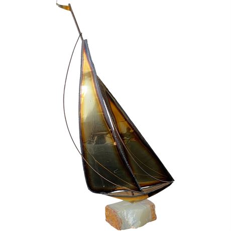 Vtg Brutalist Brass Sailboat On Onyx Base