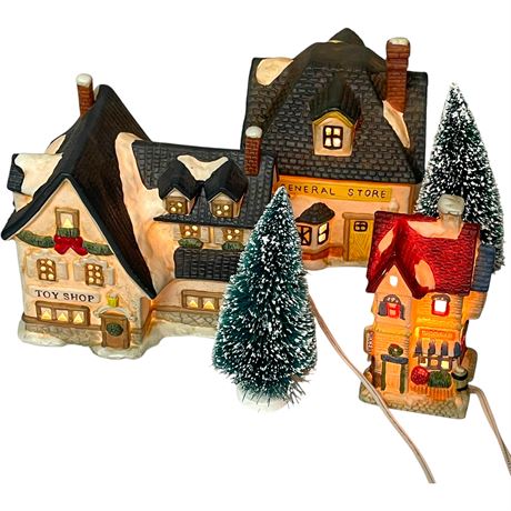 Lighted Ceramic Village Houses w/ Miniature Tree Figurines