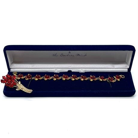 New Danbury Mint "Dozen Roses" Bracelet w/ Vtg Gold Tone Rose Boquete Brooch
