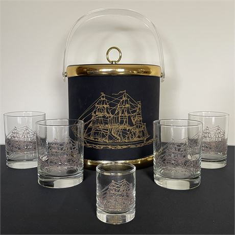 Shelton Ware Nautical Ship Ice Bucket w/ 4 Matching Whiskey Glasses & Shot Glass