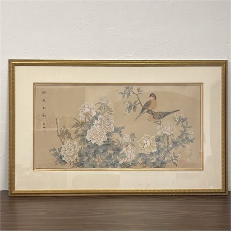 Vintage Chinese Bird & Flower Framed Silk Painting