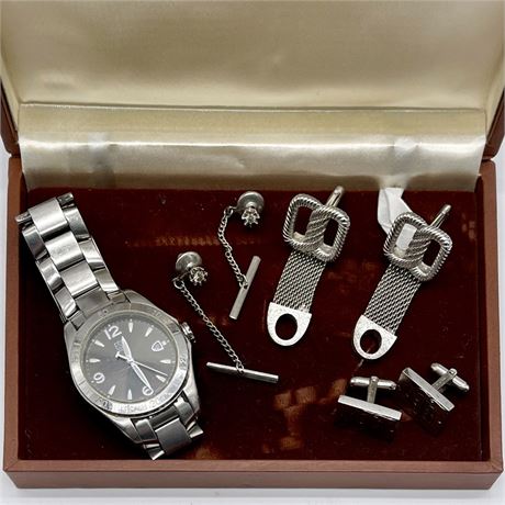 Vtg ESQ Swiss Wristwatch w/ Sterling Cufflinks, Silver-Toned Cufflinks & Tie Pin