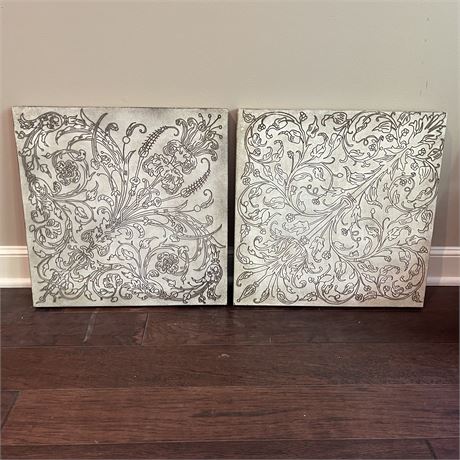 Pair of Distressed Flower Scroll Designed Wall Panel