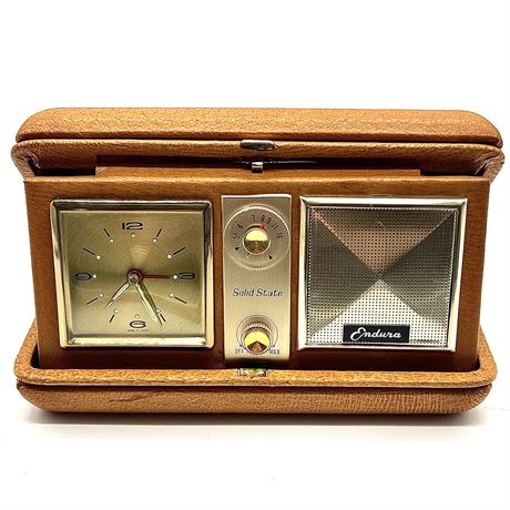 Vintage Endura Radiolarm Travel Alarm Clock in Leather Case