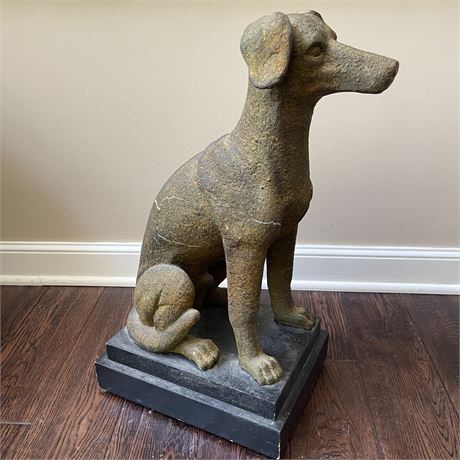 Large Casted Resin Dog Statue with Wooden Base