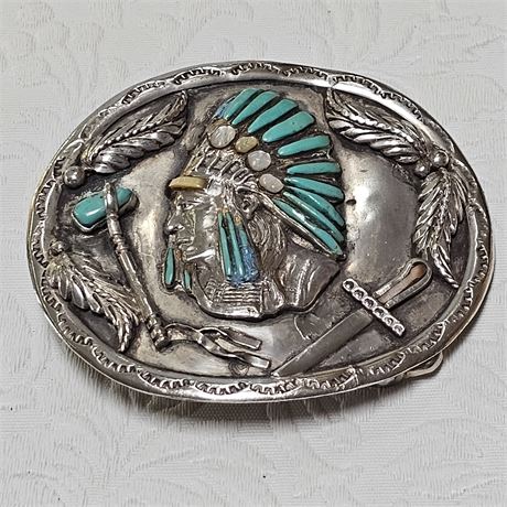 Belt buckle - Silver smith hallmark - very detailed with turquoise and mother of