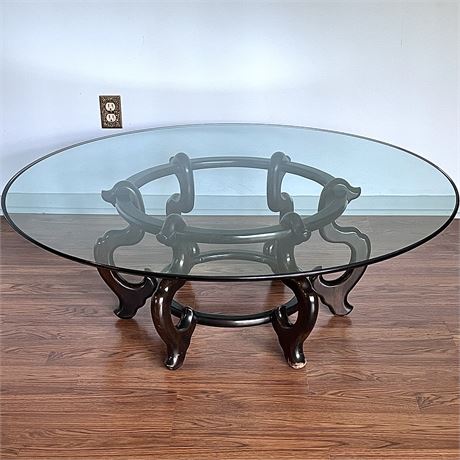 Oriental Carved Wood Base with Glass Top Coffee Table