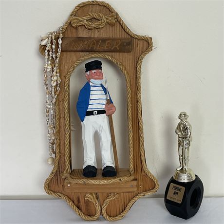 Nautical "Whaler" Wood Wall Sailor, Fishing Nut Mantle Trophy, & Shell Necklaces