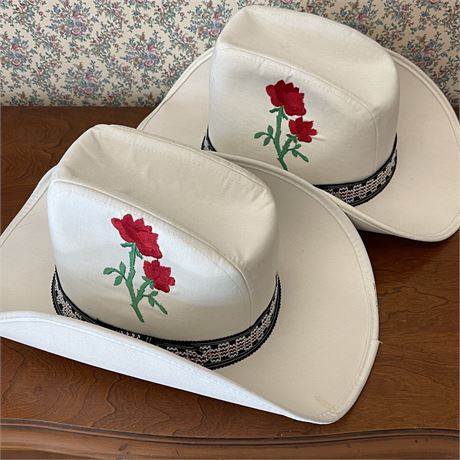(2) Flower Embroidered White Cowboy Hats - Size Large / 17