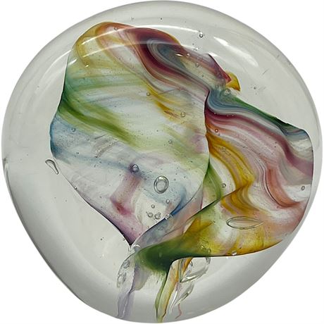 1992 Marilyn Signed Rainbow Ribbon Controlled Bubbled Art Glass Paperweight