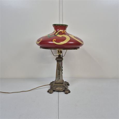Antq Art Nouveau Table Lamp w/Maroon Painted Glass Shade