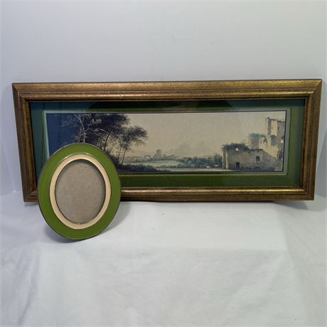 Framed w/ Velvet Mat Panoramic Landscape Scene Framed w/ Painted Brass Frame