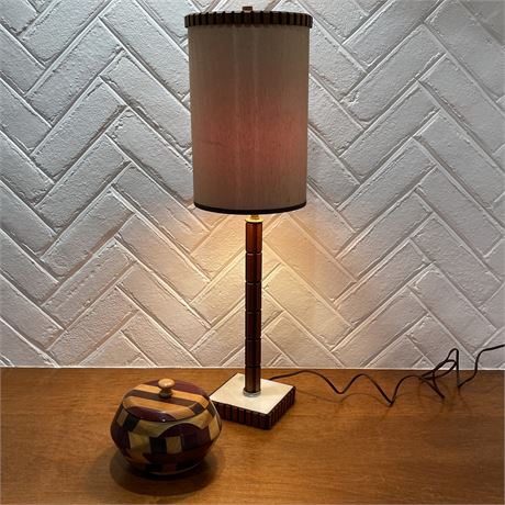 Wood-Like Table Lamp and Lidded Wooden Dish