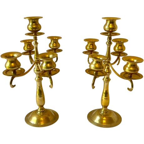 Pair of Vtg Solid Brass 5 Arm Candelabras