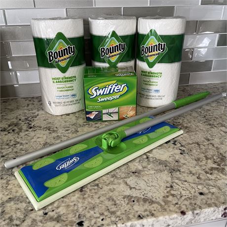 Swiffer Sweeper w/ NIB Refill Cloths & New Bounty Paper Towel Rolls