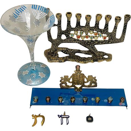 Brass Hanukkah Menorahs, Lolita Martini Glass, Sterling Silver & Chai Pendants