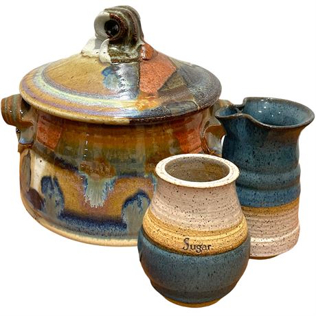 Signed Drip Glaze Pottery Lidded Casserole Dish & Eugenia Pottery Sugar/Creamer