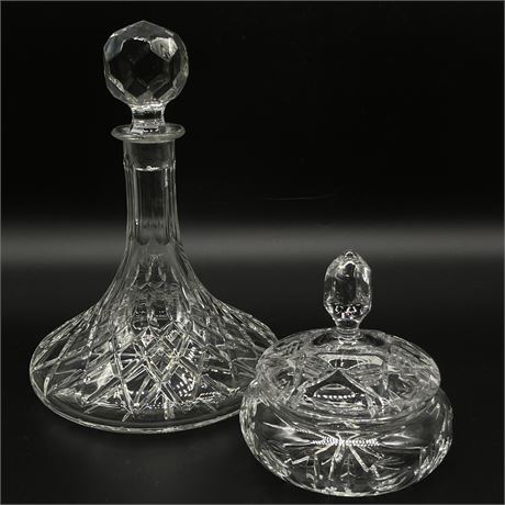 Cut Crystal Decanter w/ Stopper and Lidded Cut Crystal Candy Dish