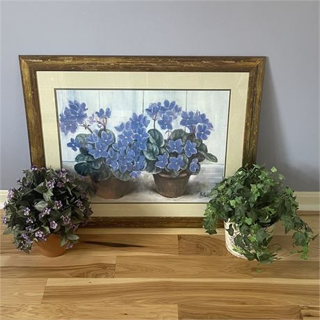 Still Life Violets Signed and Framed Wall Art with 2 Artificial Potted Plants