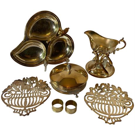 Vtg Silver Plated Gravy Boat Warmer, Trivets, Servers & Napkin Rings