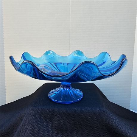 11" MCM Hand Blown Blue Glass Centerpiece Dish