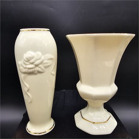 2-Vintage Lenox Porcelain Ivory Gold Trim Vases "Diana" & "Rose Blossom"
